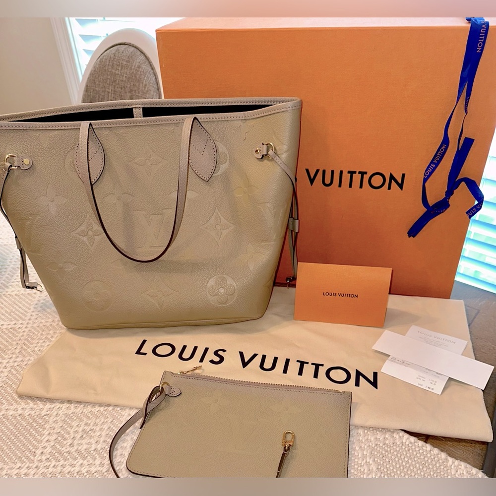 Authentic Louis Vuitton Neverfull MM Monogram Empreinte Turtledove Leather Tote